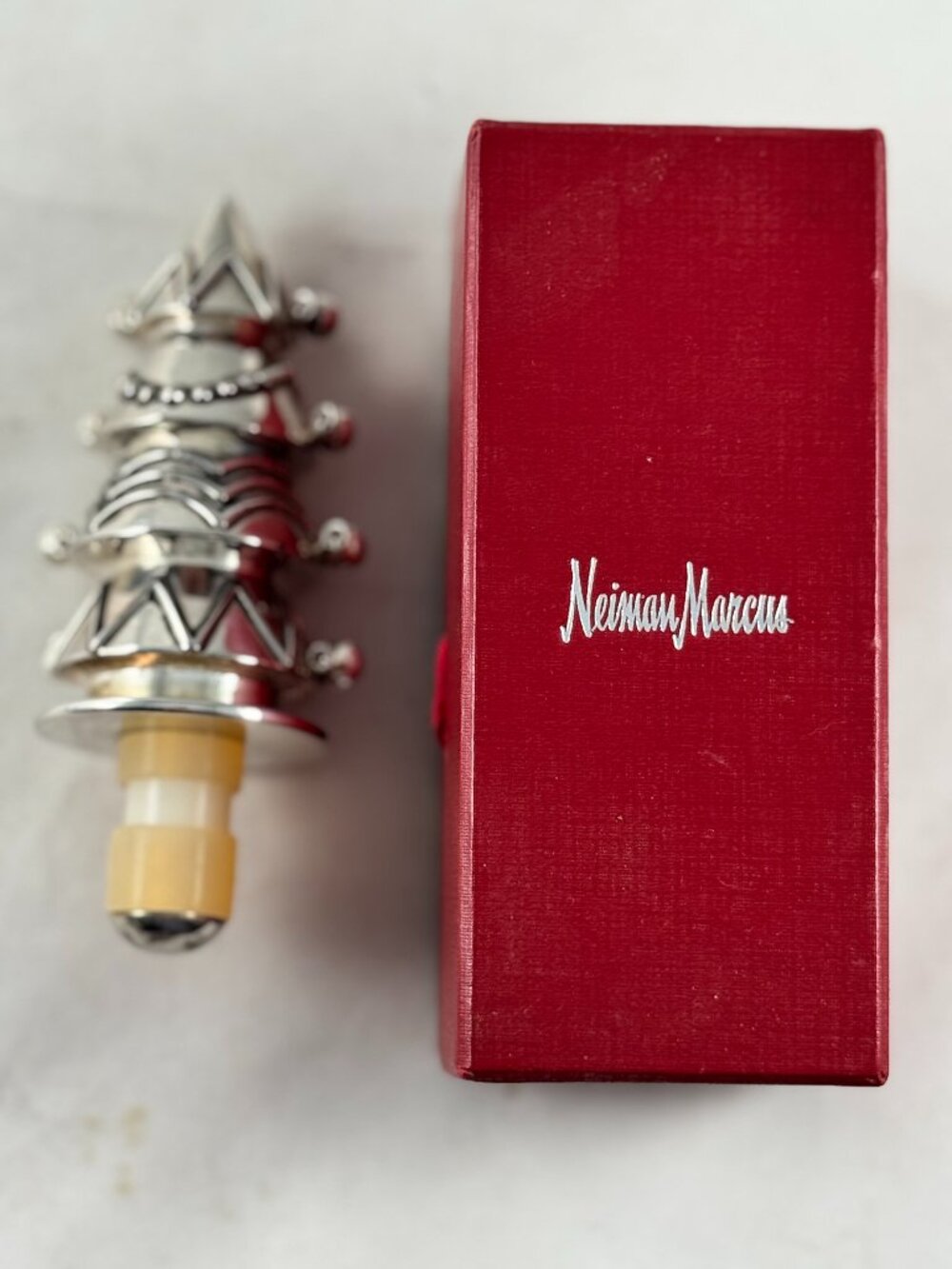 Neiman Marcus vintage silver plate Christmas Tree bottle stopper, with box, ex